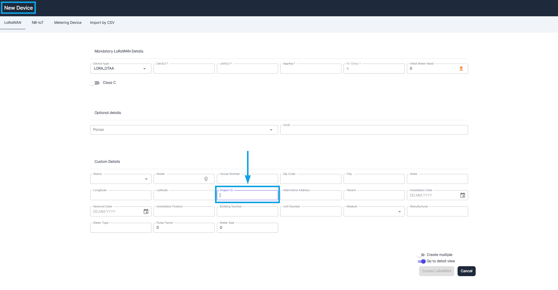 Datahub: Projects - Assign LoRaWAN Devices during Creation