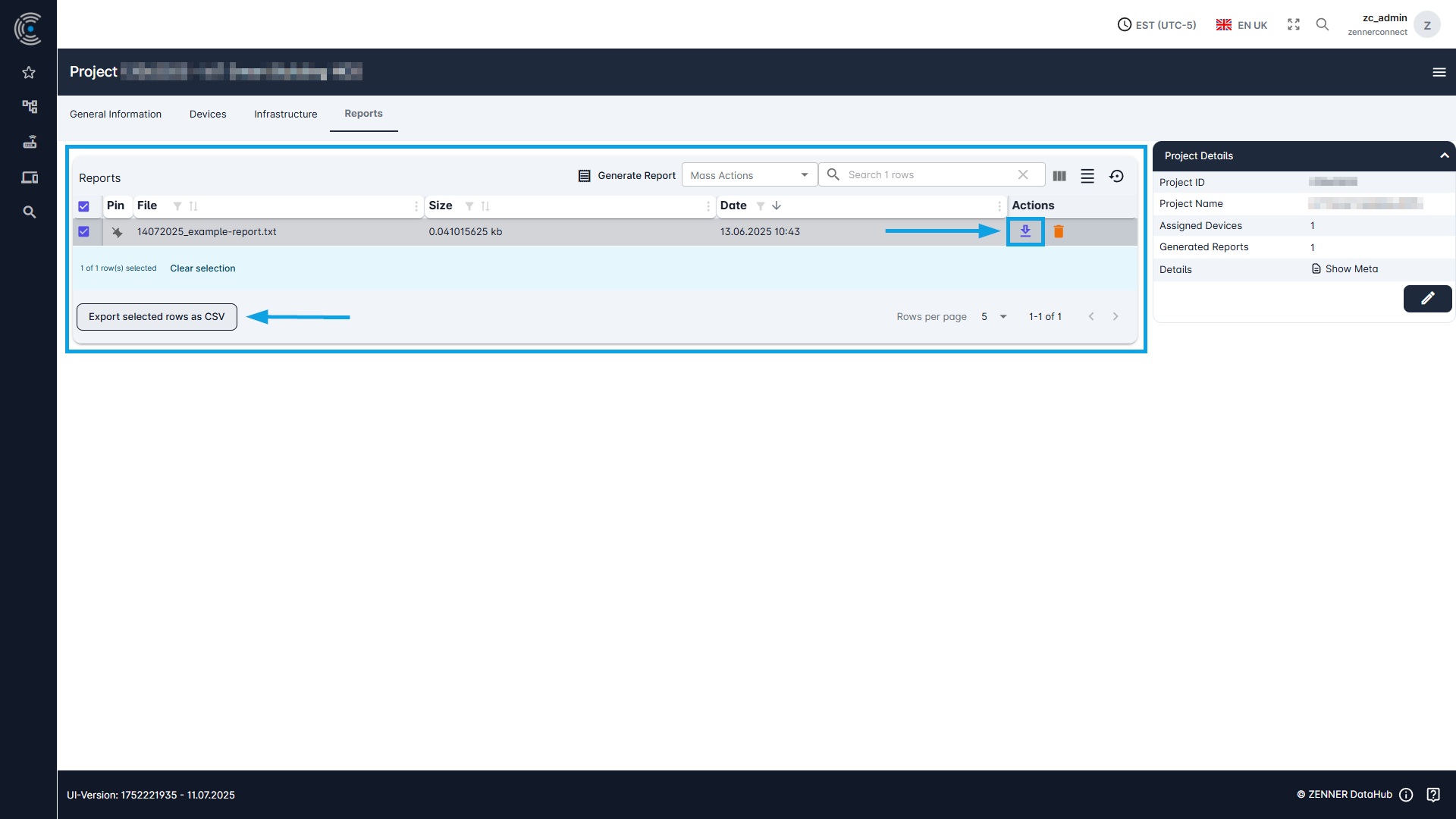 Datahub: Export Reports on Project Page