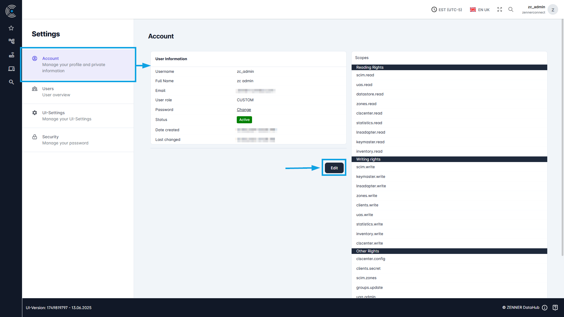 Datahub: User Settings - Personal User/Account