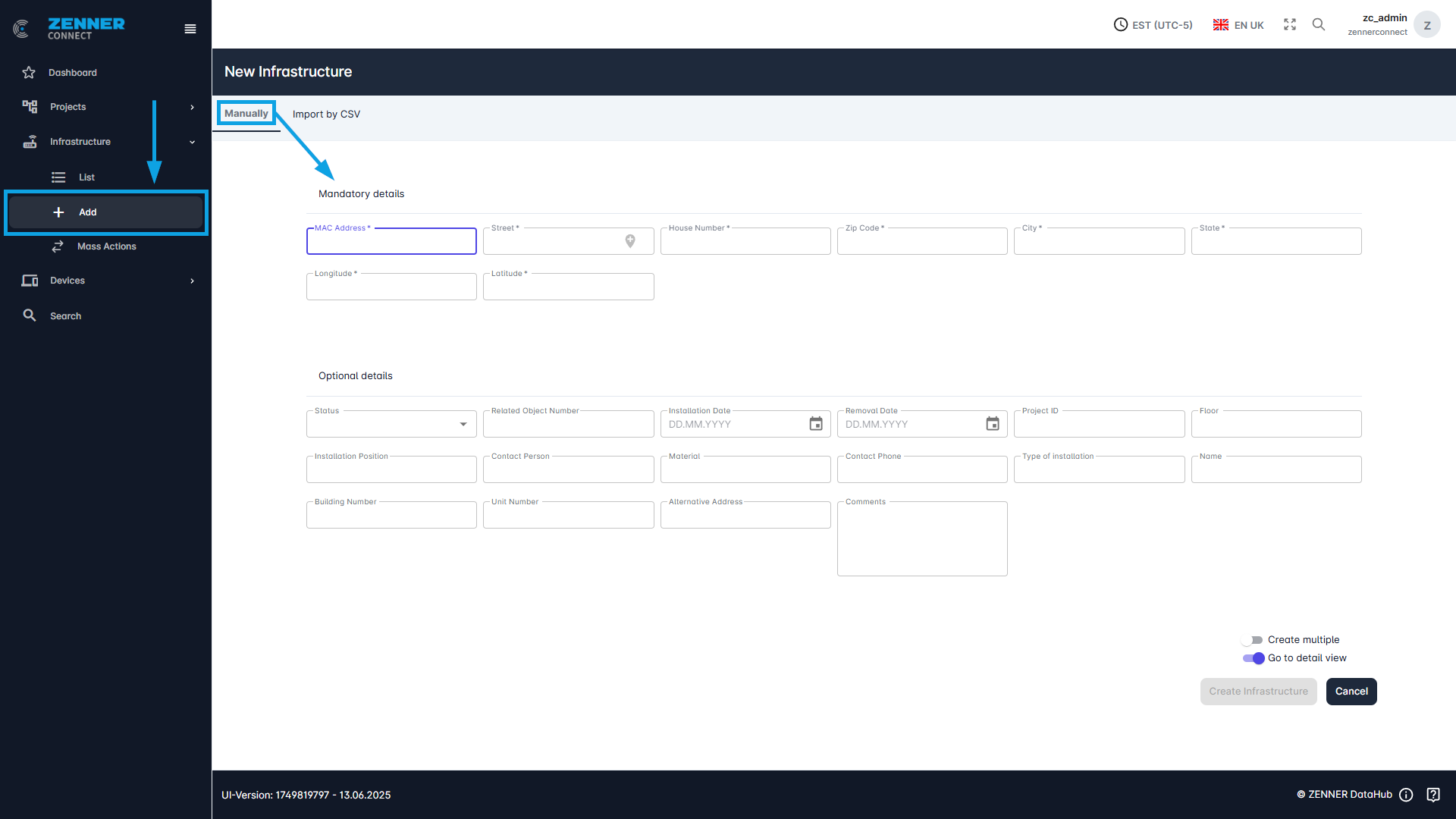 Datahub: Infrastructure - Add Manually