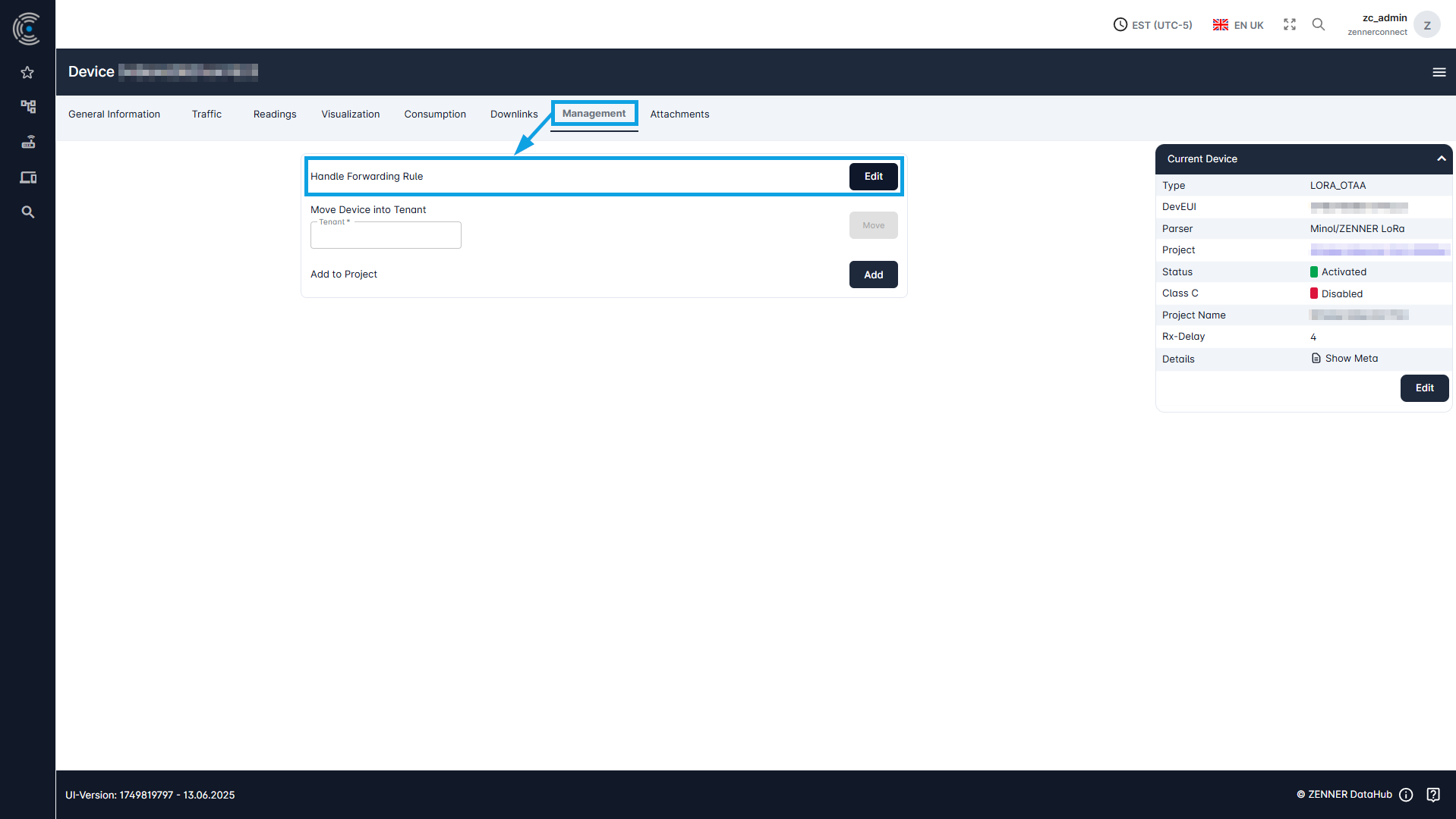 Datahub: Assign Forwarding Rules to a Device – Step 1