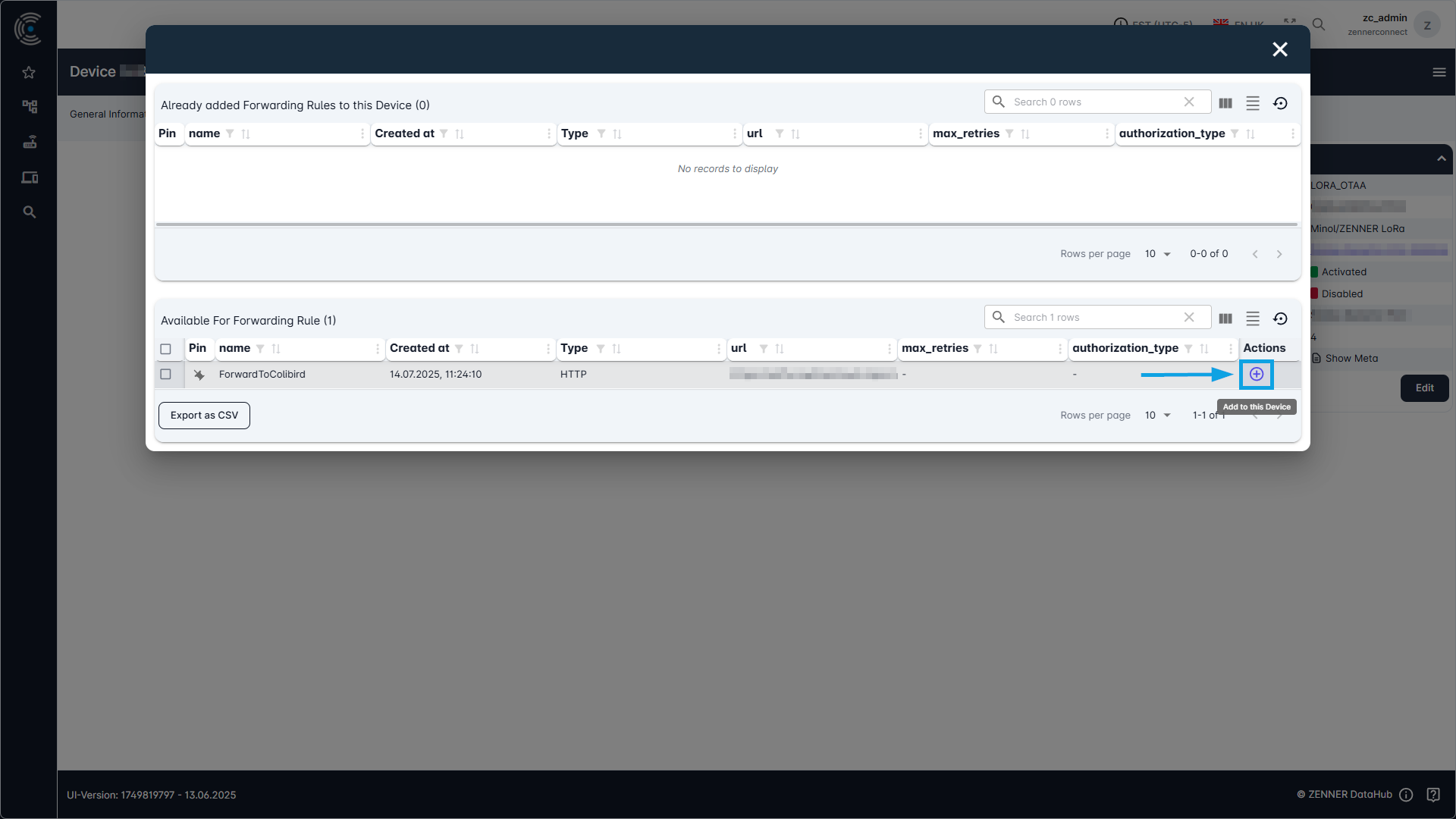 Datahub: Assign Forwarding Rules to a Device – Step 2