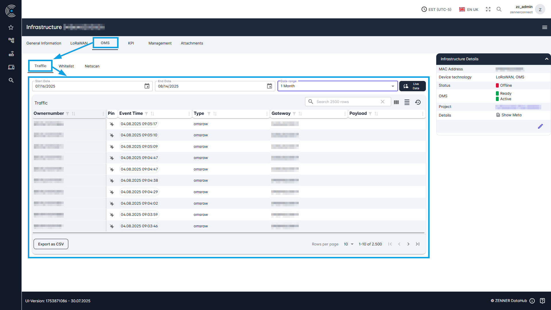 Datahub: View OMS Traffic of Infrastructure