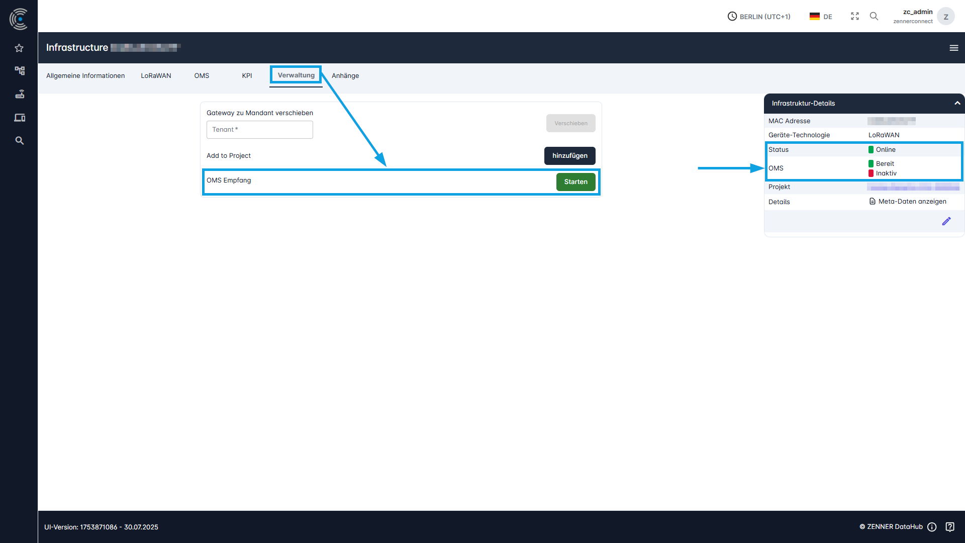 ZENNER Datahub: OMS auf einem Gateway einschalten