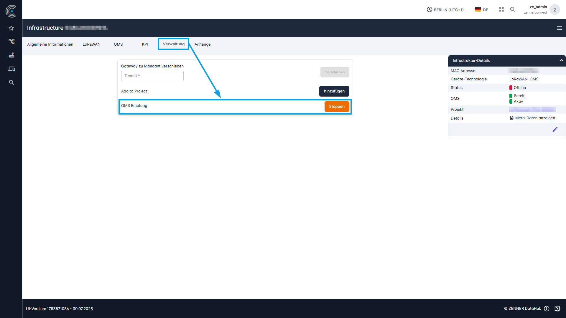 ZENNER Datahub: Switch off OMS on a Gateway