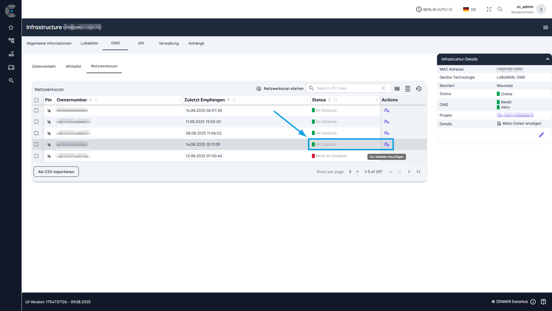 ZENNER Datahub: OMS-Gerät zur Whitelist eines Gateways hinzufügen