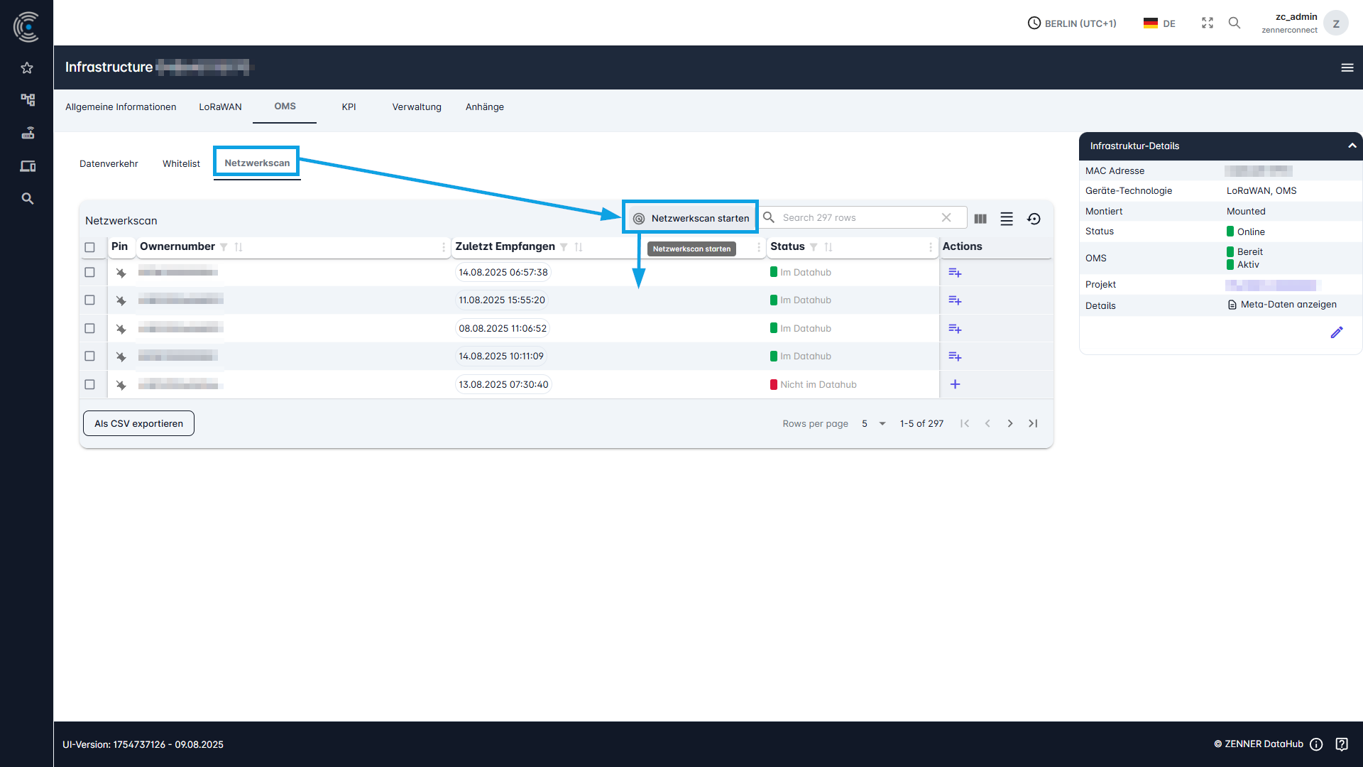 ZENNER Datahub: OMS-Geräte in der Nähe über Netzwerkscan finden