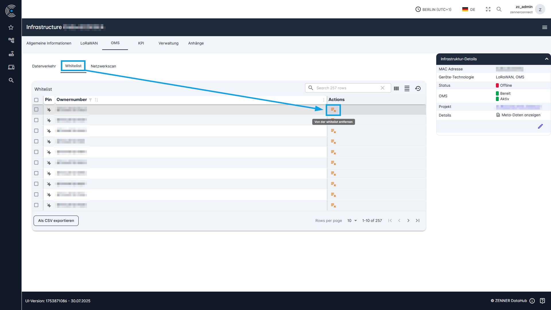 ZENNER Datahub: OMS-Geräte von Whitelist entfernen