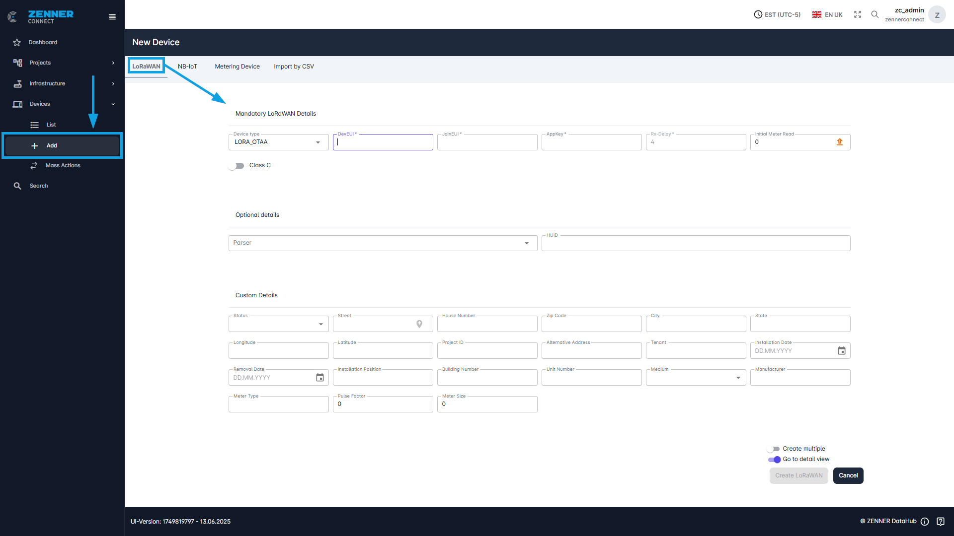 Datahub: Add new LoRaWAN Device Manually