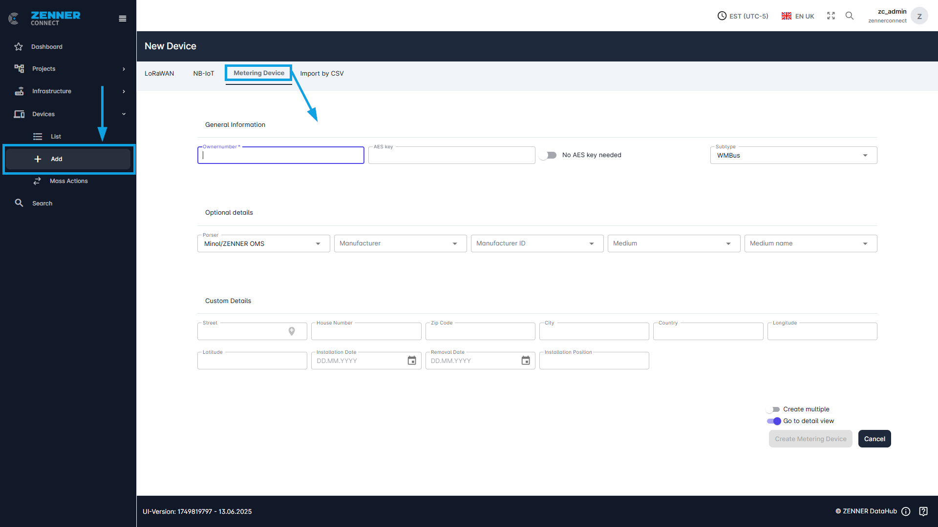 Datahub: Add new Metering/OMS Device Manually
