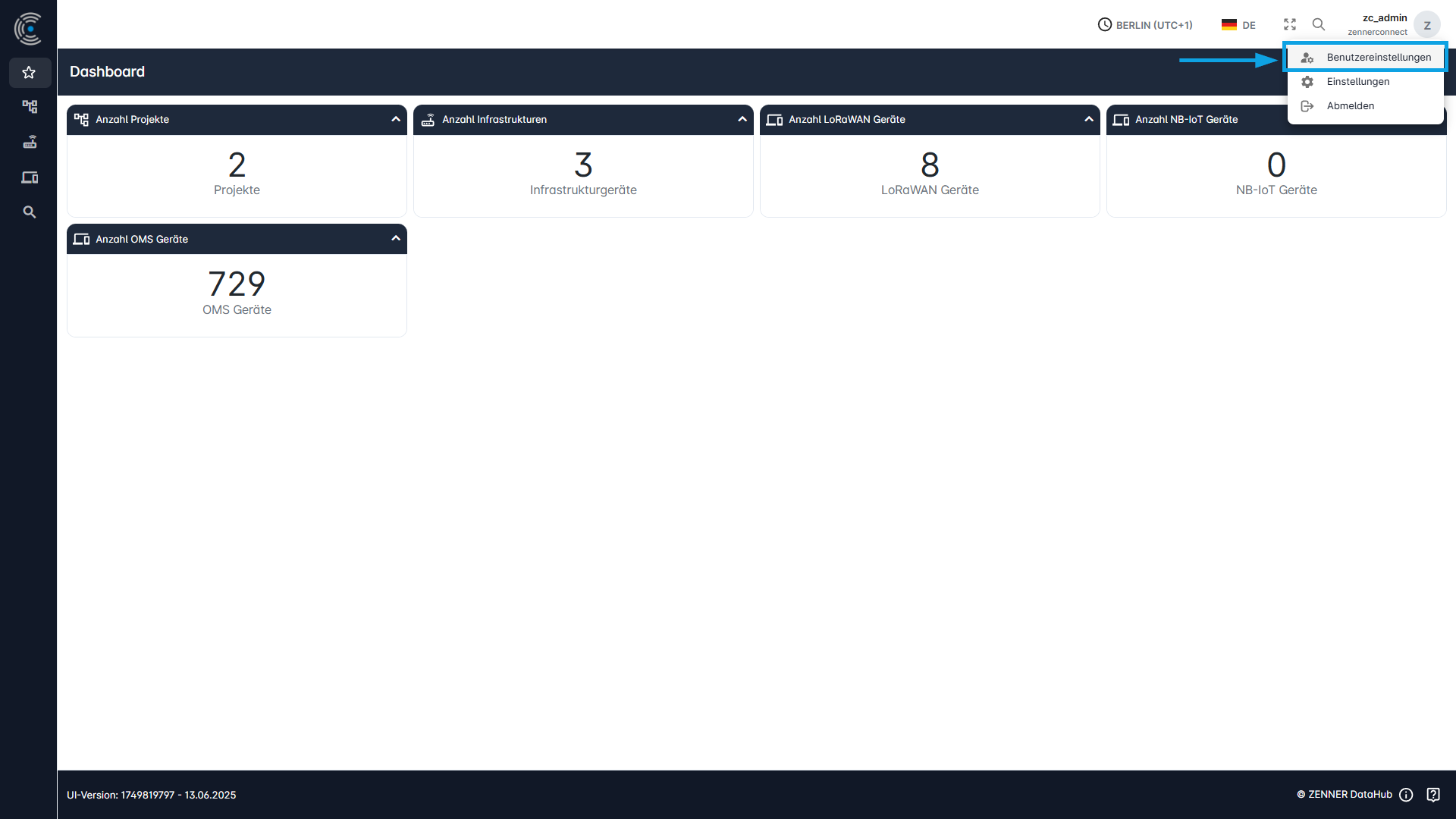 Datahub: Benutzereinstellungen über Header öffnen