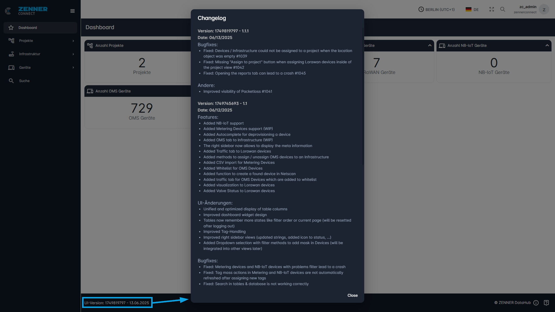 Datahub: UI-Version und Changelog
