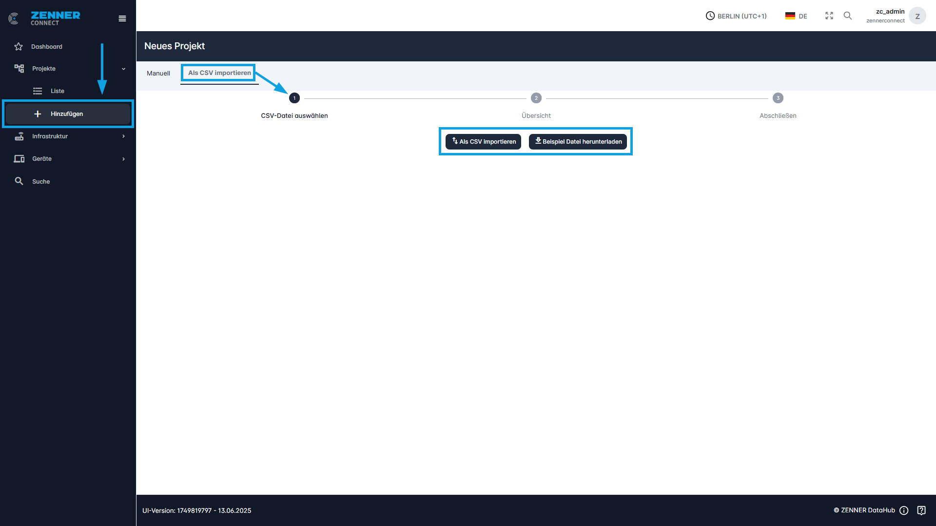 Datahub: Neues Projekt via CSV-Import hinzufügen