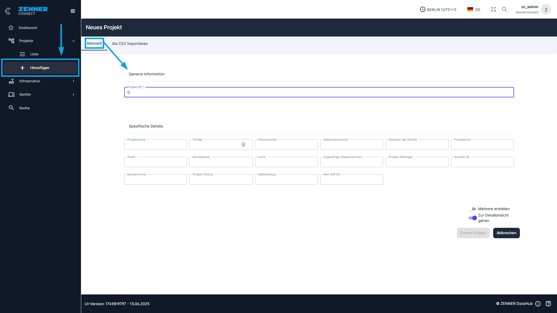 Datahub: Neues Projekt manuell hinzufügen