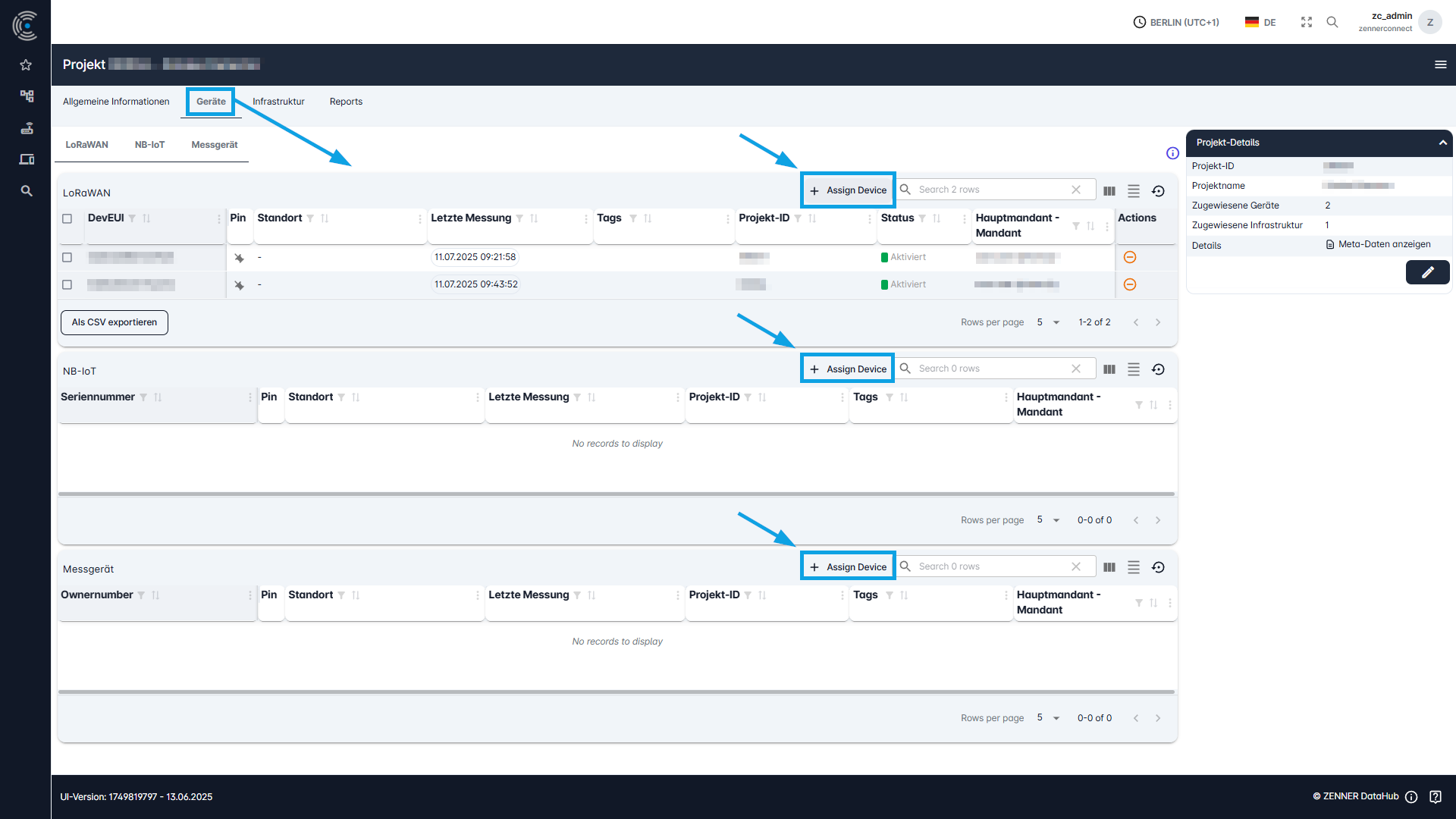 Datahub: Geräte über Projektseite zuweisen - Schritt 1