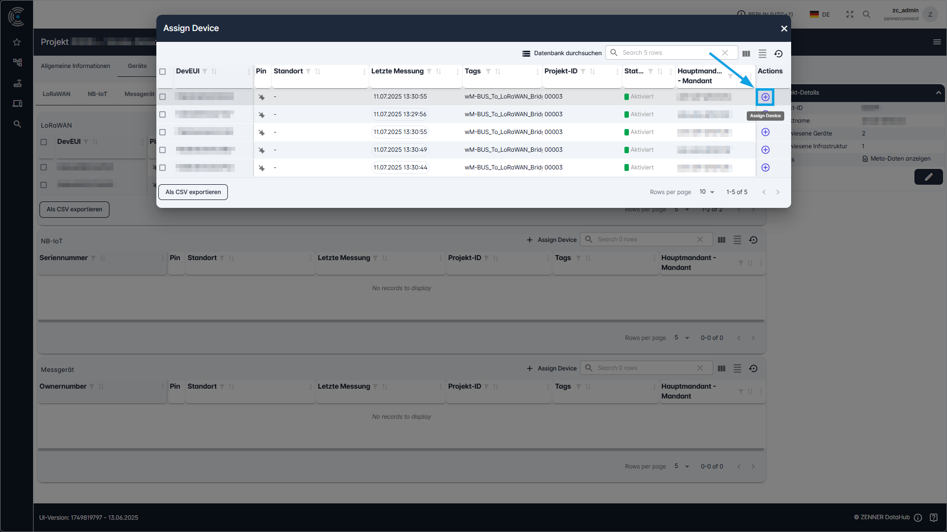 Datahub: Geräte über Projektseite zuweisen - Schritt 2