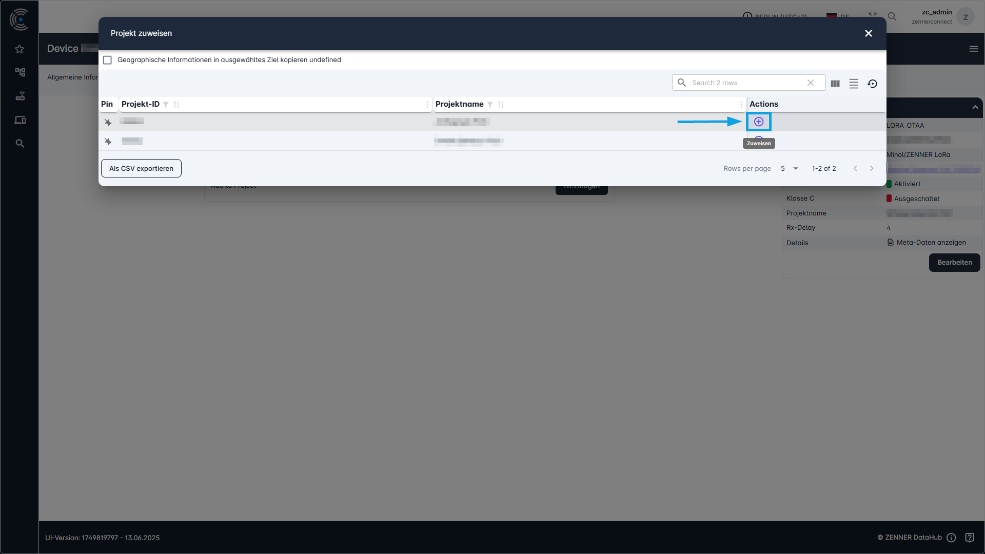 Datahub: Zuweisen von Geräten zu Projekten über Gerätedetailseite - Schritt 2