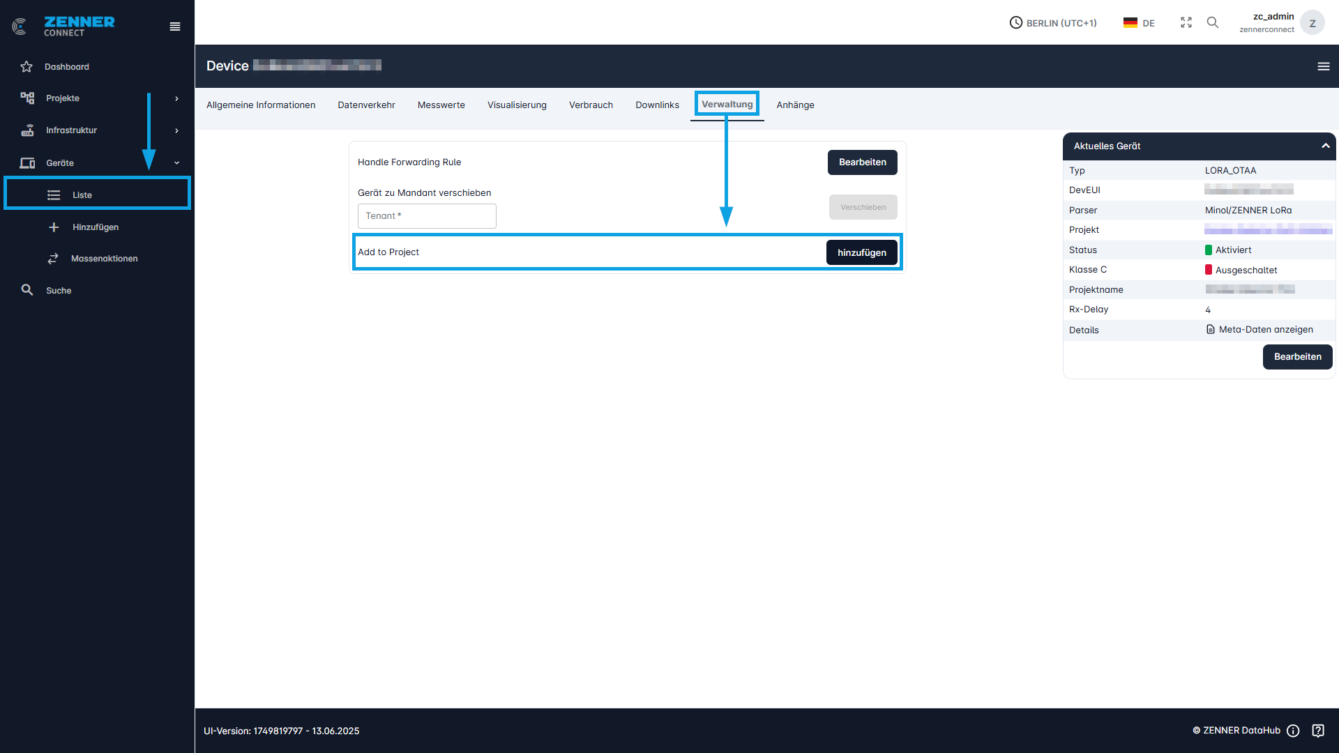Datahub: Zuweisen von Geräten zu Projekten über Gerätedetailseite - Schritt 1