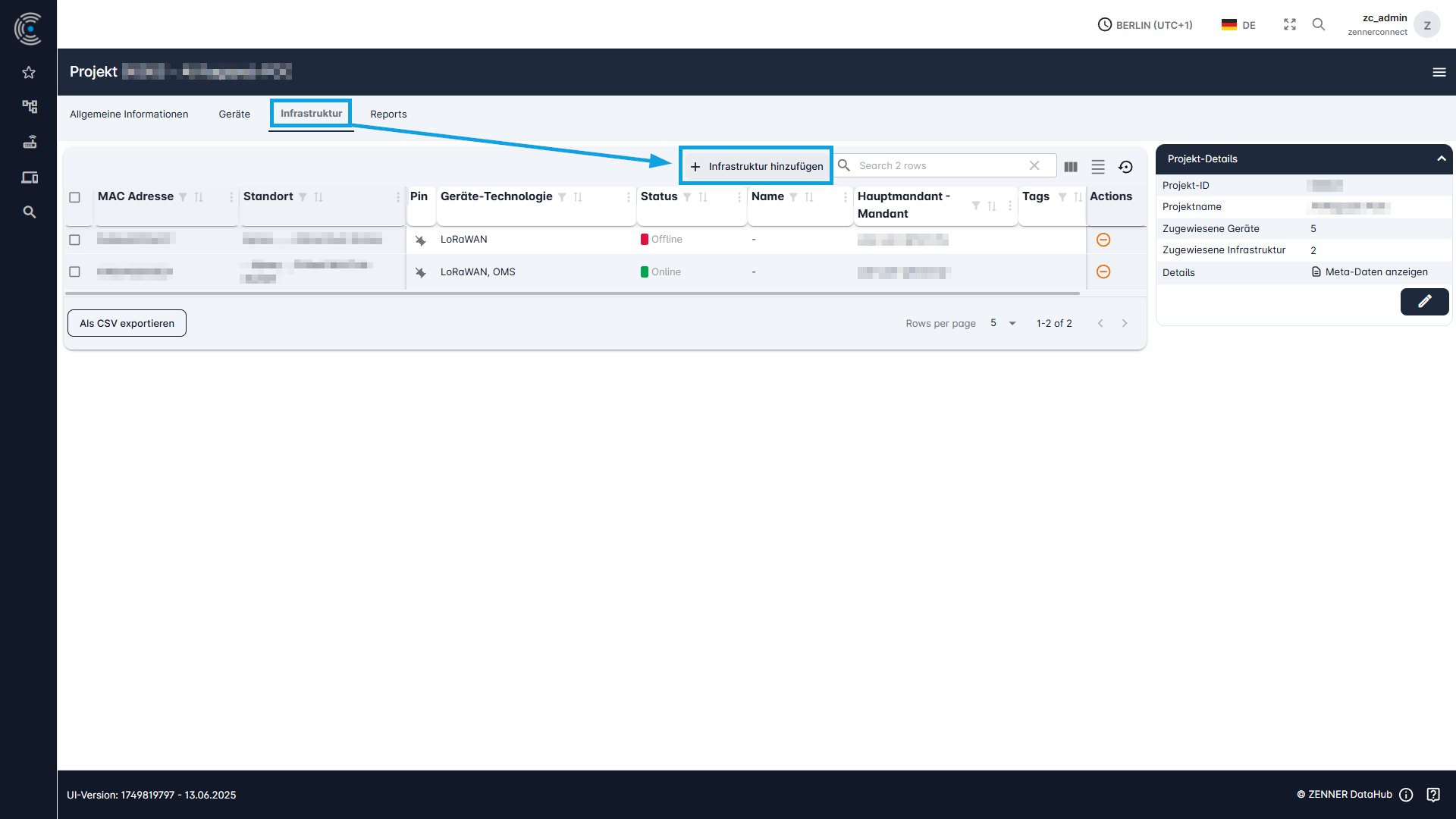 Datahub: Infrastruktur über Projektseite zuweisen