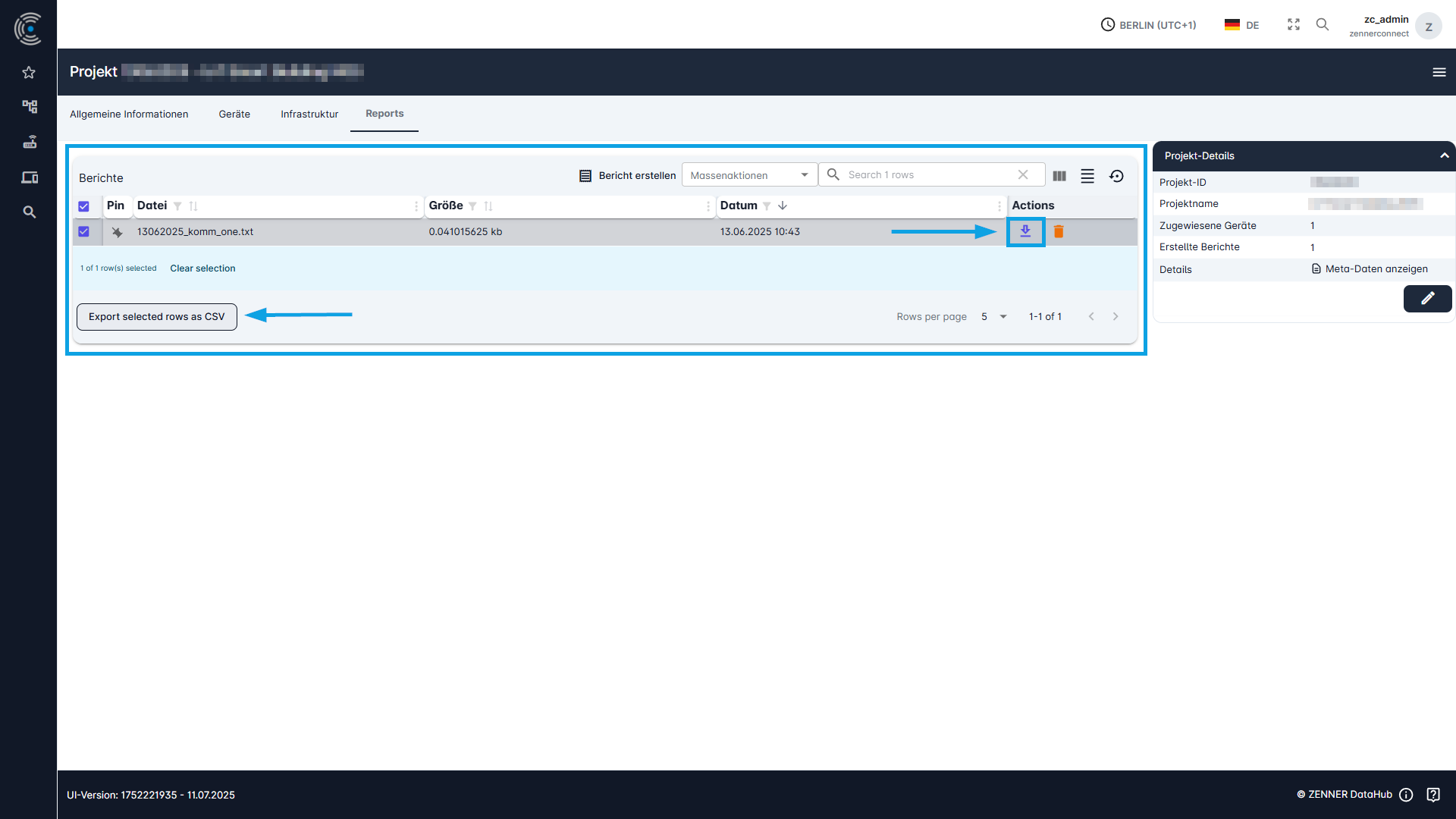 Datahub: Berichte auf Projektseite exportieren