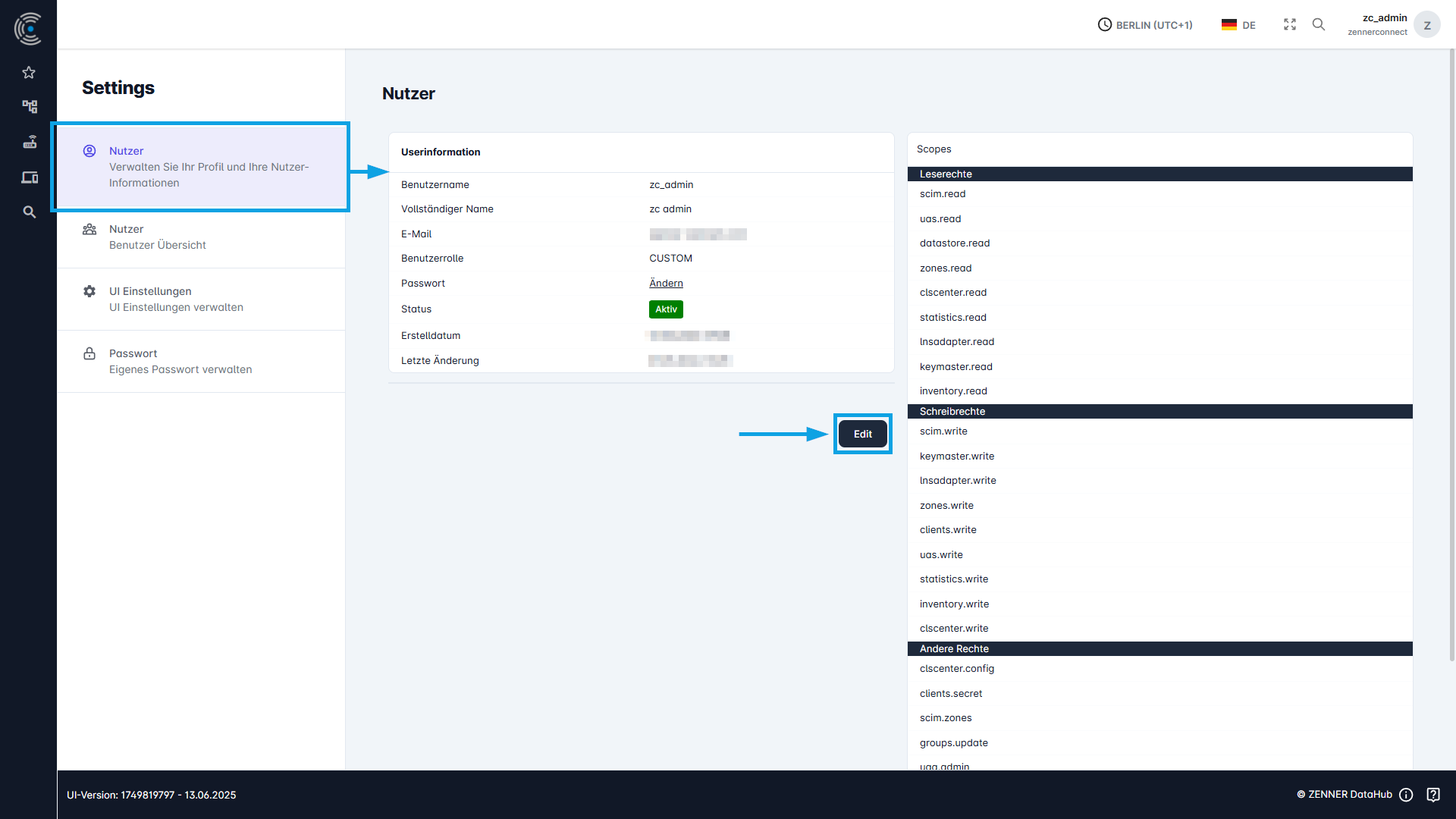 Datahub: Benutzereinstellungen – Persönlicher Benutzer/Account
