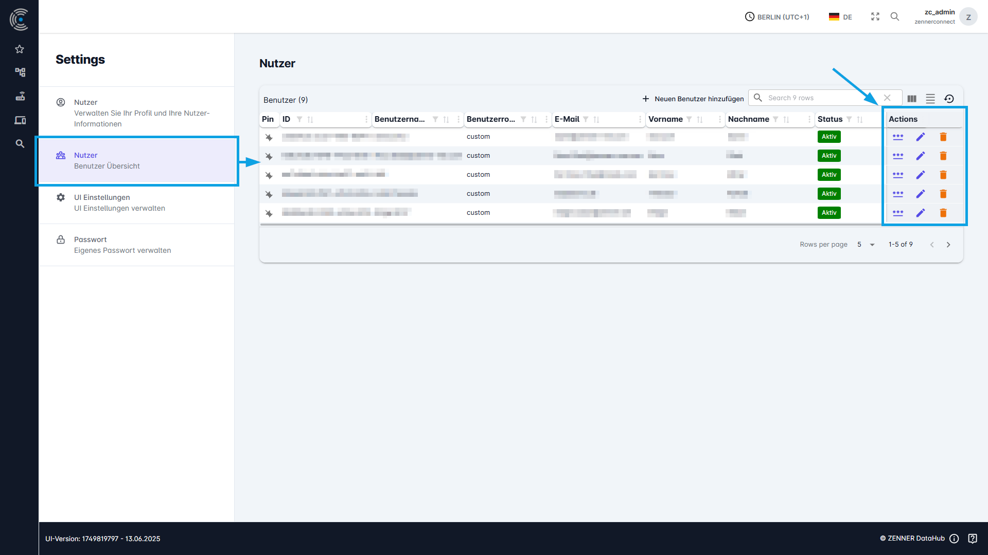 Datahub: Benutzereinstellungen – Benutzer (Admins)