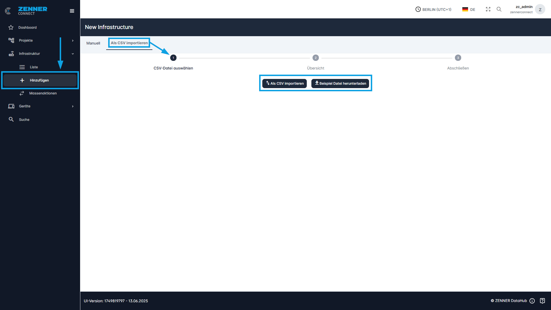 Datahub: Infrastruktur - Hinzufügen via CSV-Import