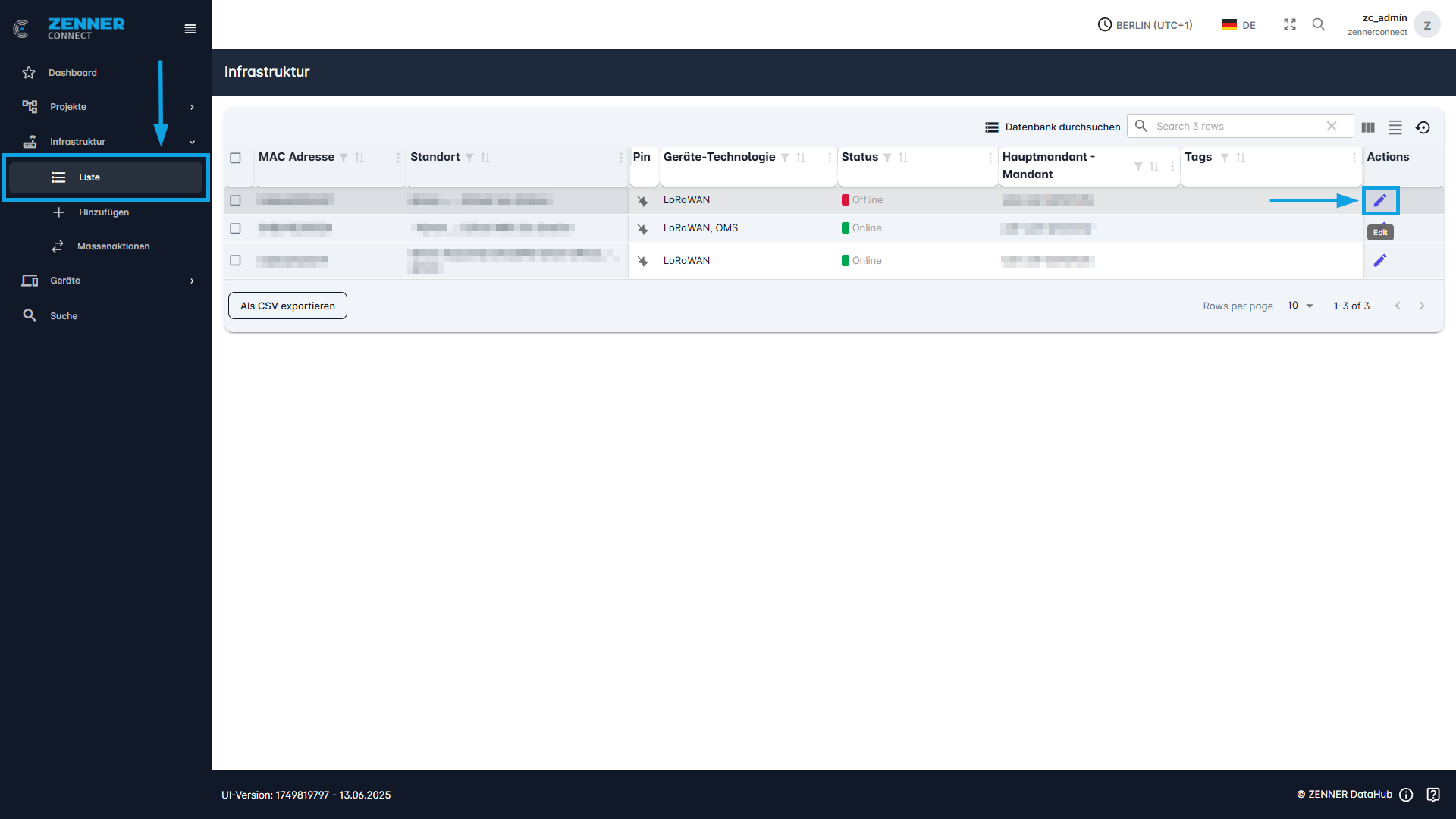 Datahub: Infrastruktur direkt über Schaltfläche "Bearbeiten" in Infrastrukturliste bearbeiten - Schritt 1
