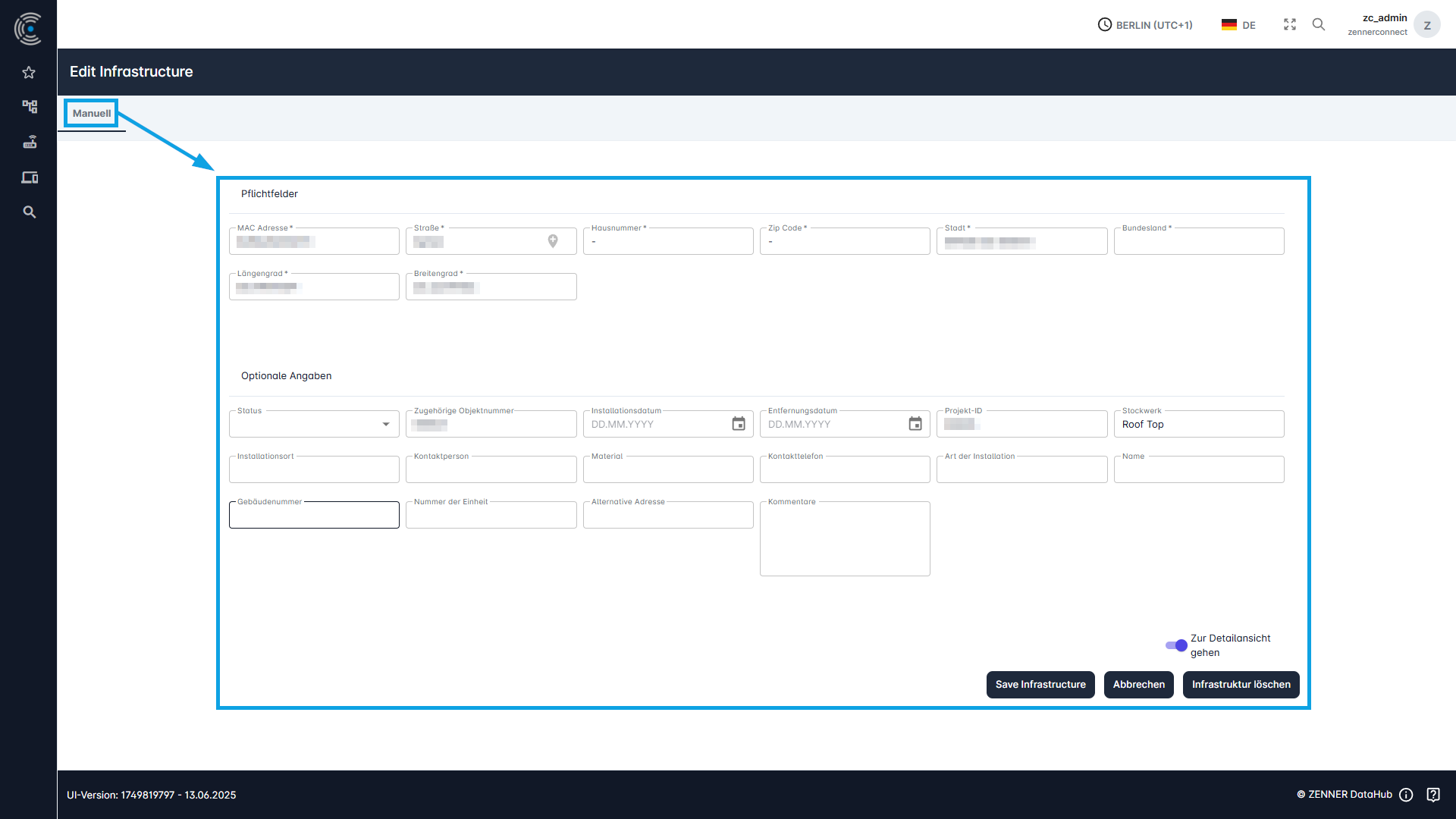 Datahub: Infrastruktur direkt über Schaltfläche "Bearbeiten" in Infrastrukturliste bearbeiten - Schritt 2