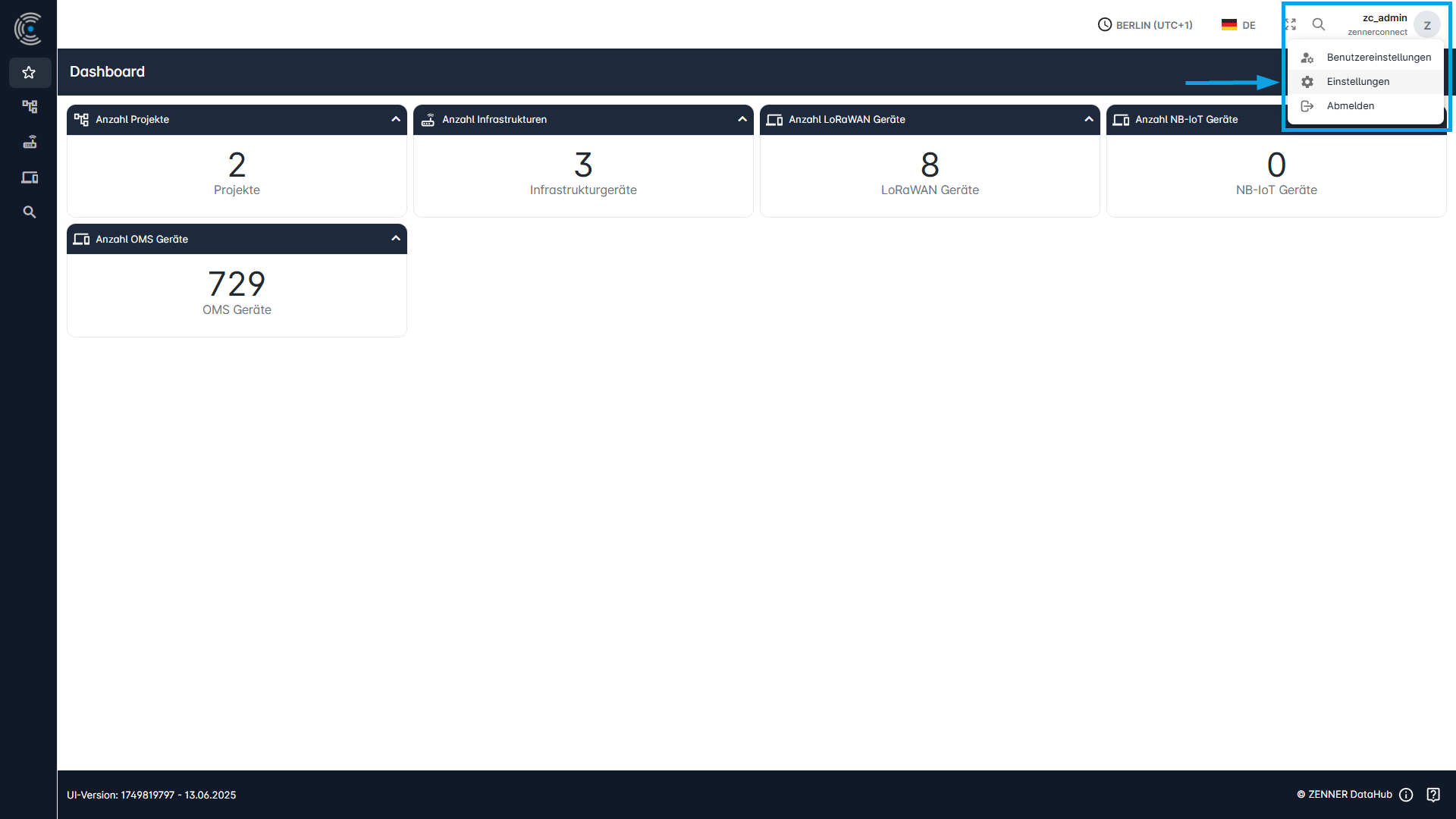 Datahub: Einstellungen über Kopfzeile öffnen