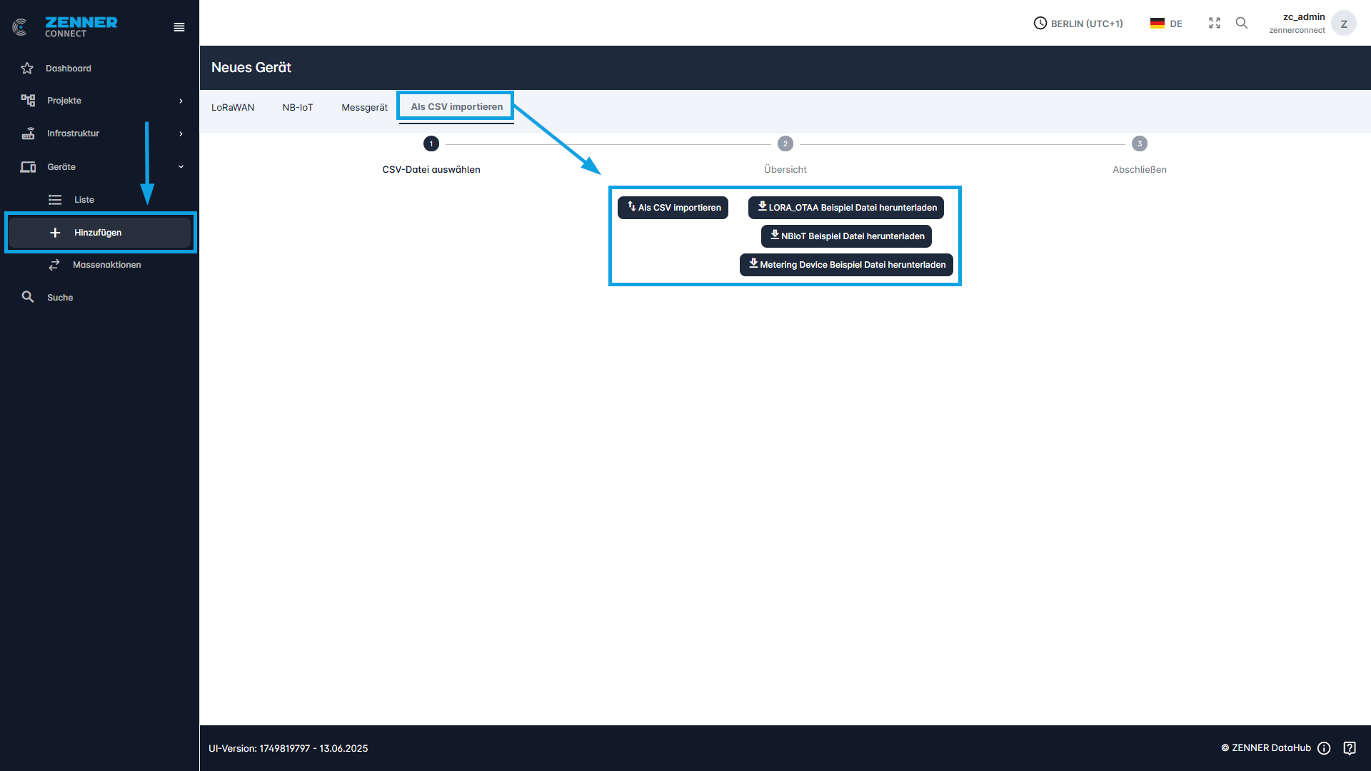 Datahub: Neue Geräte via CSV-Import hinzufügen