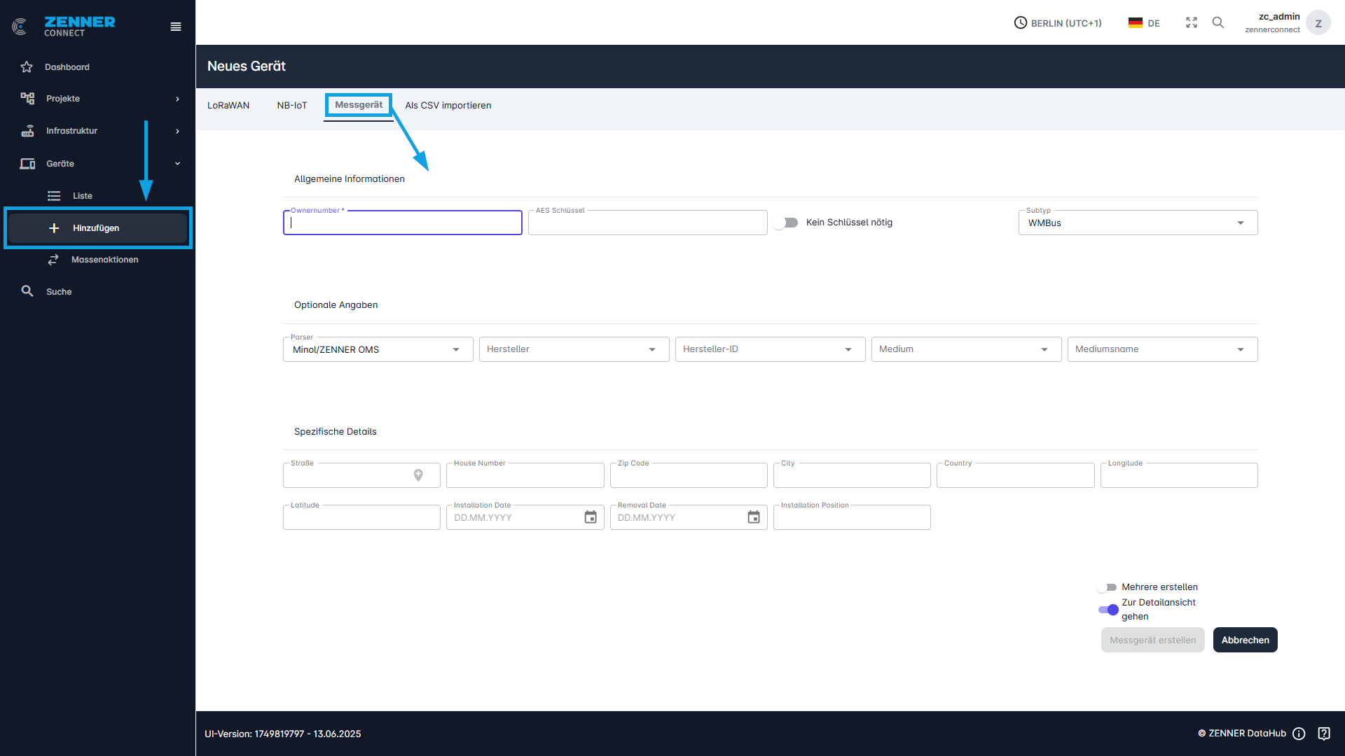 Datahub: Neues Messgerät/OMS-Gerät manuell hinzufügen