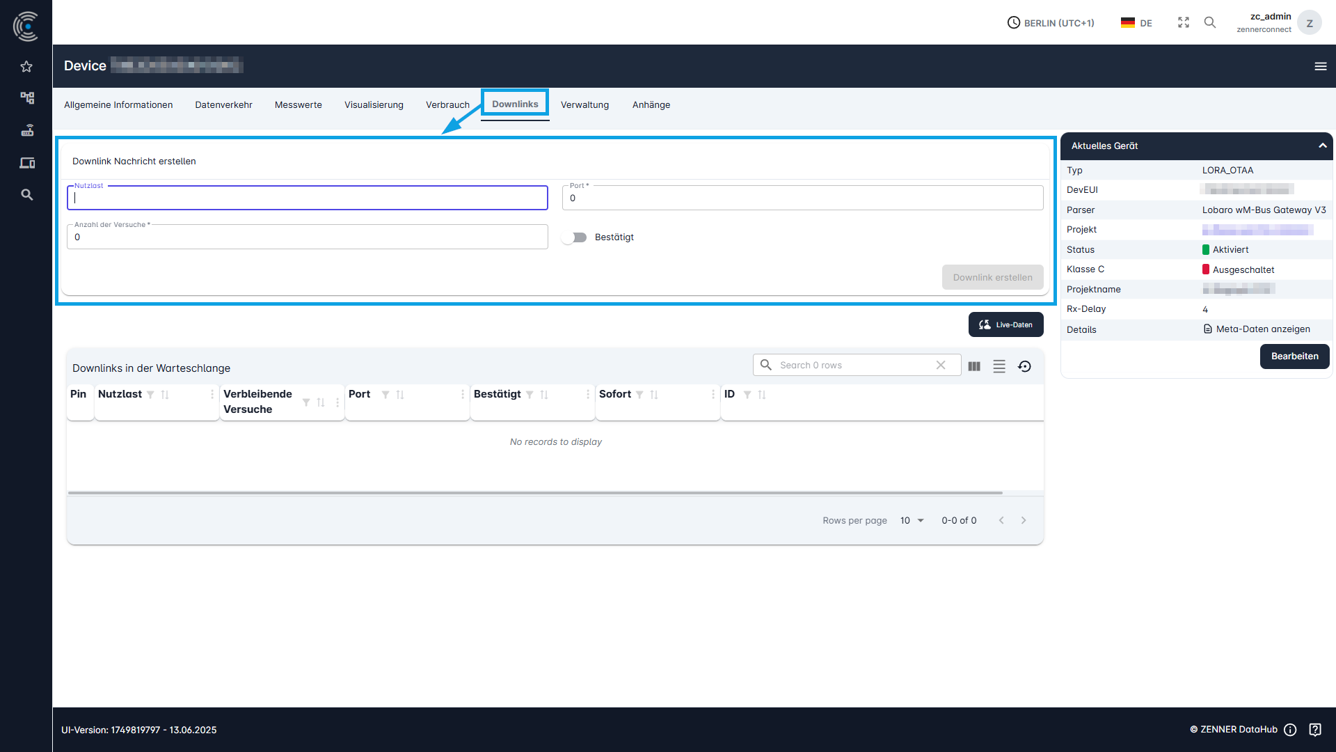 Datahub: Send Downlink to a single Device