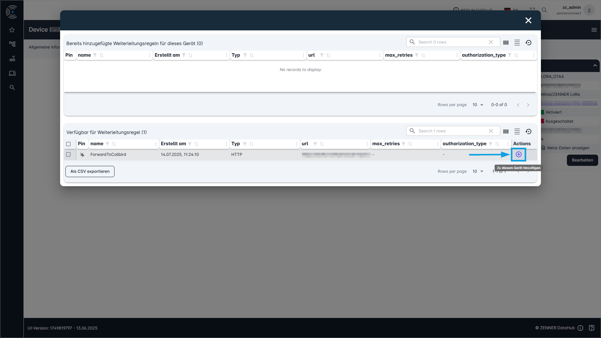 Datahub: Weiterleitungsregeln einem Gerät zuweisen - Schritt 2