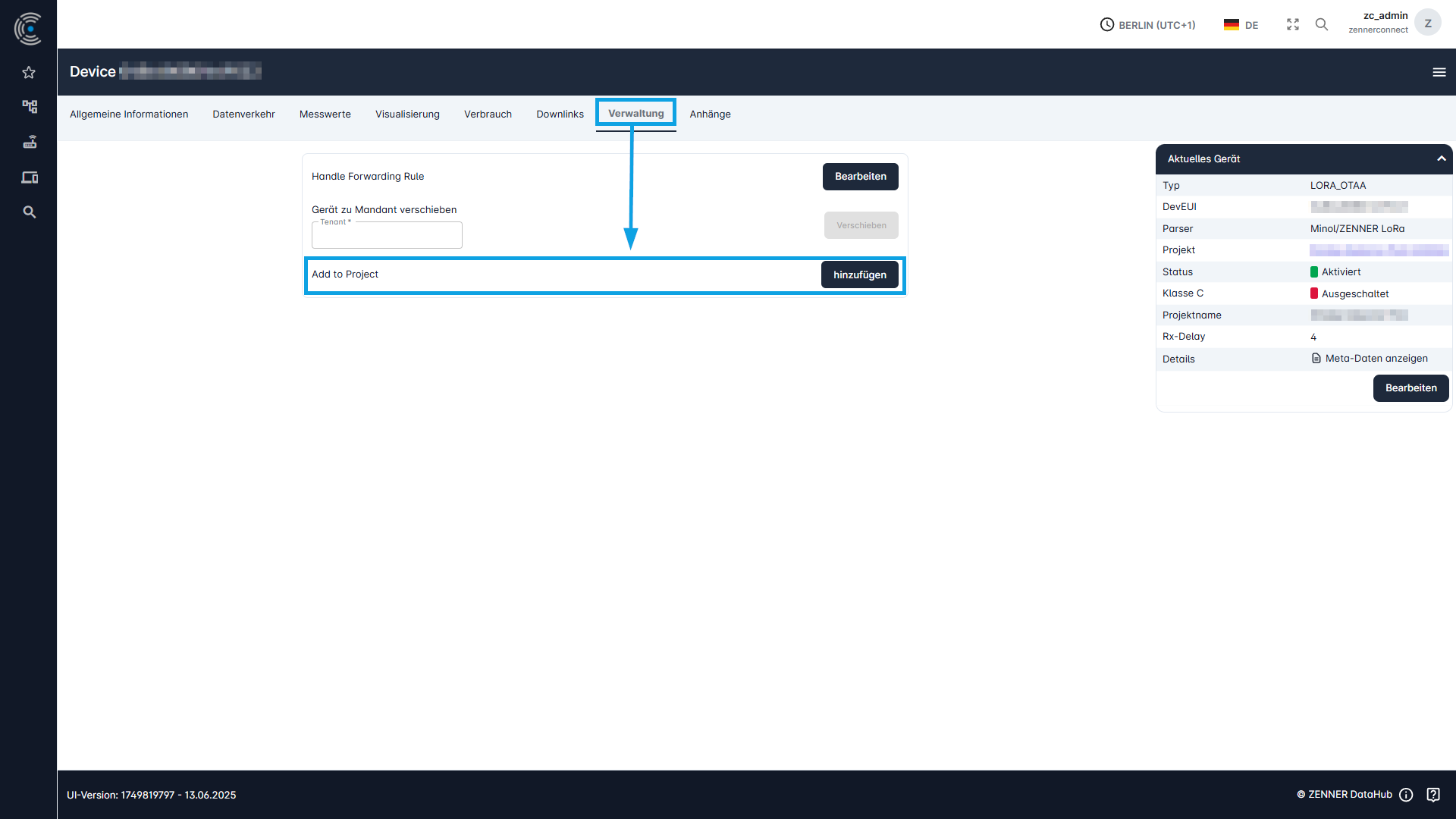 Datahub: Einzelnem Gerät Projekt zuweisen - Schritt 1