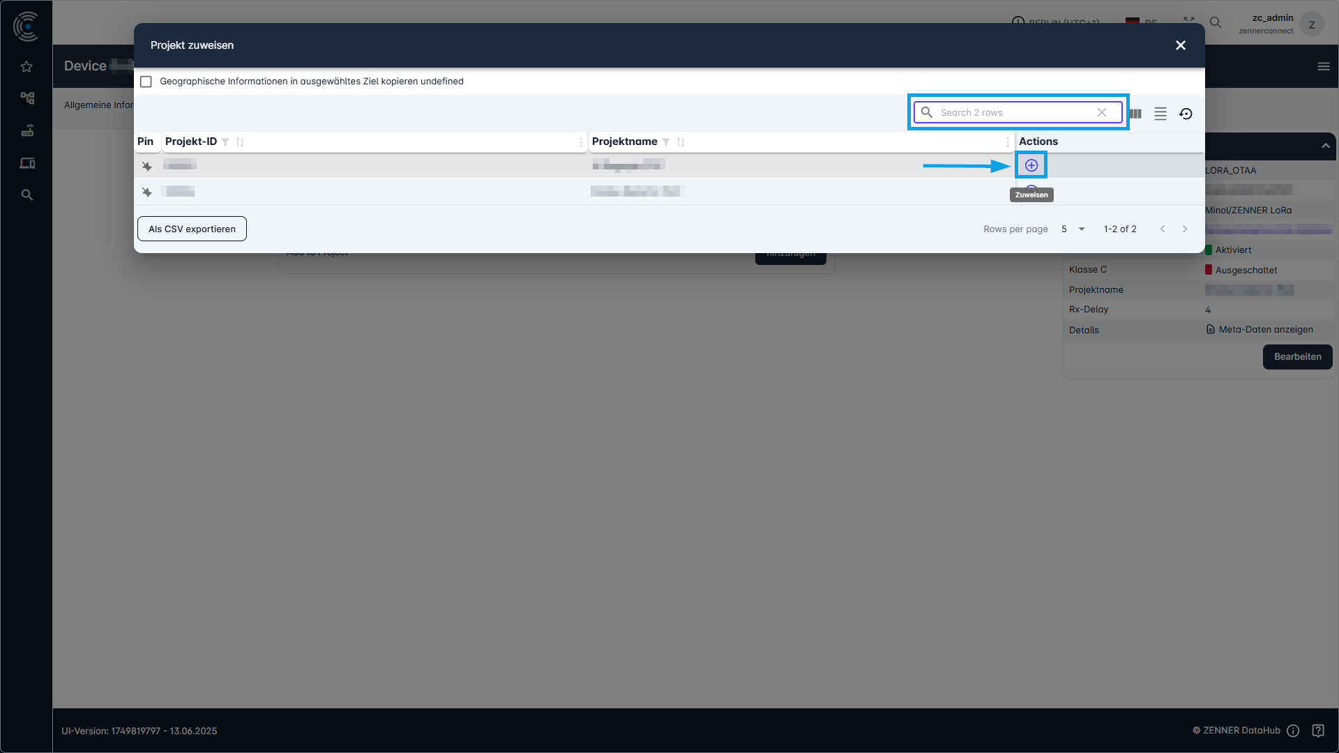 Datahub: Einzelnem Gerät Projekt zuweisen - Schritt 2