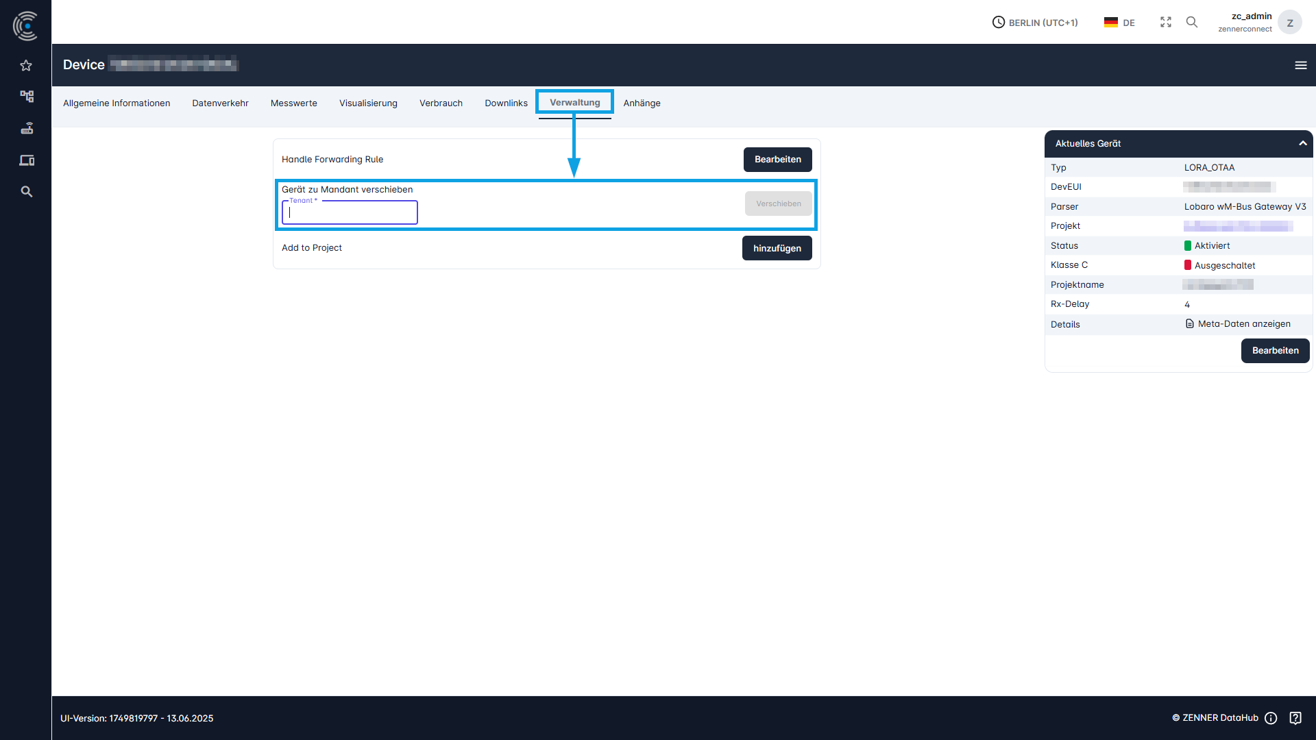 Datahub: Ein Gerät in anderen Mandanten verschieben