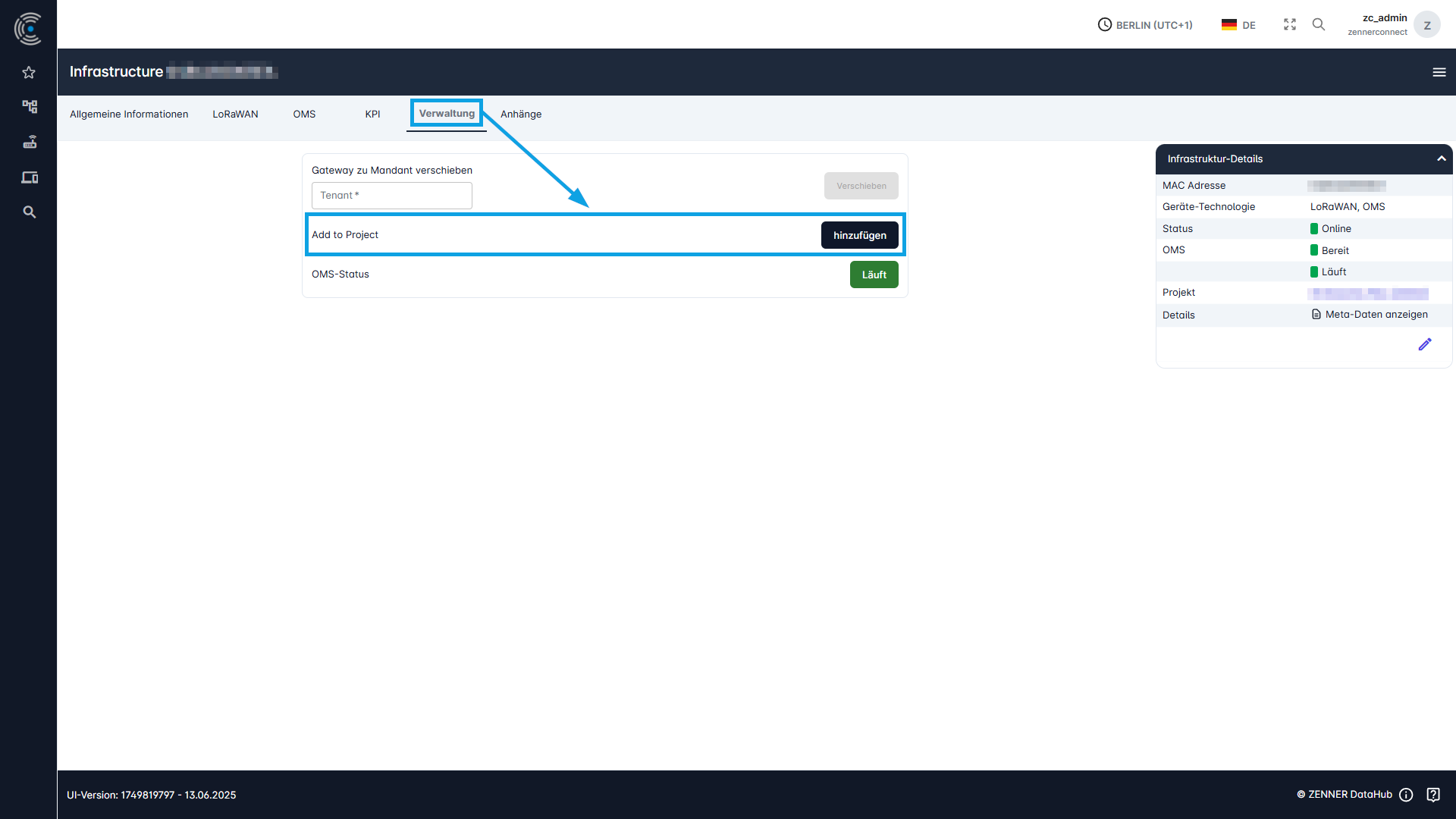 Datahub: Infrastruktur Projekten zuweisen via Infrastrukturdetailseite - Schritt 1