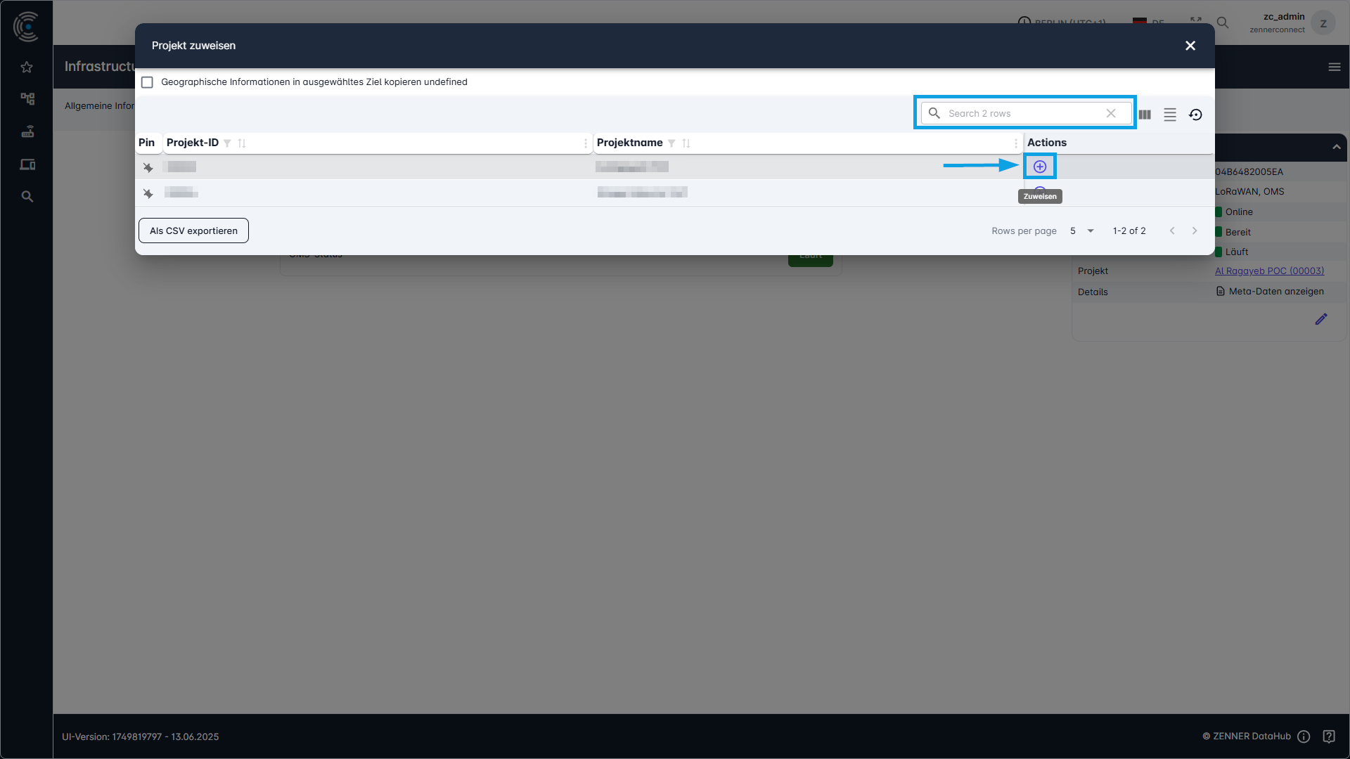Datahub: Infrastruktur Projekten zuweisen via Infrastrukturdetailseite - Schritt 2