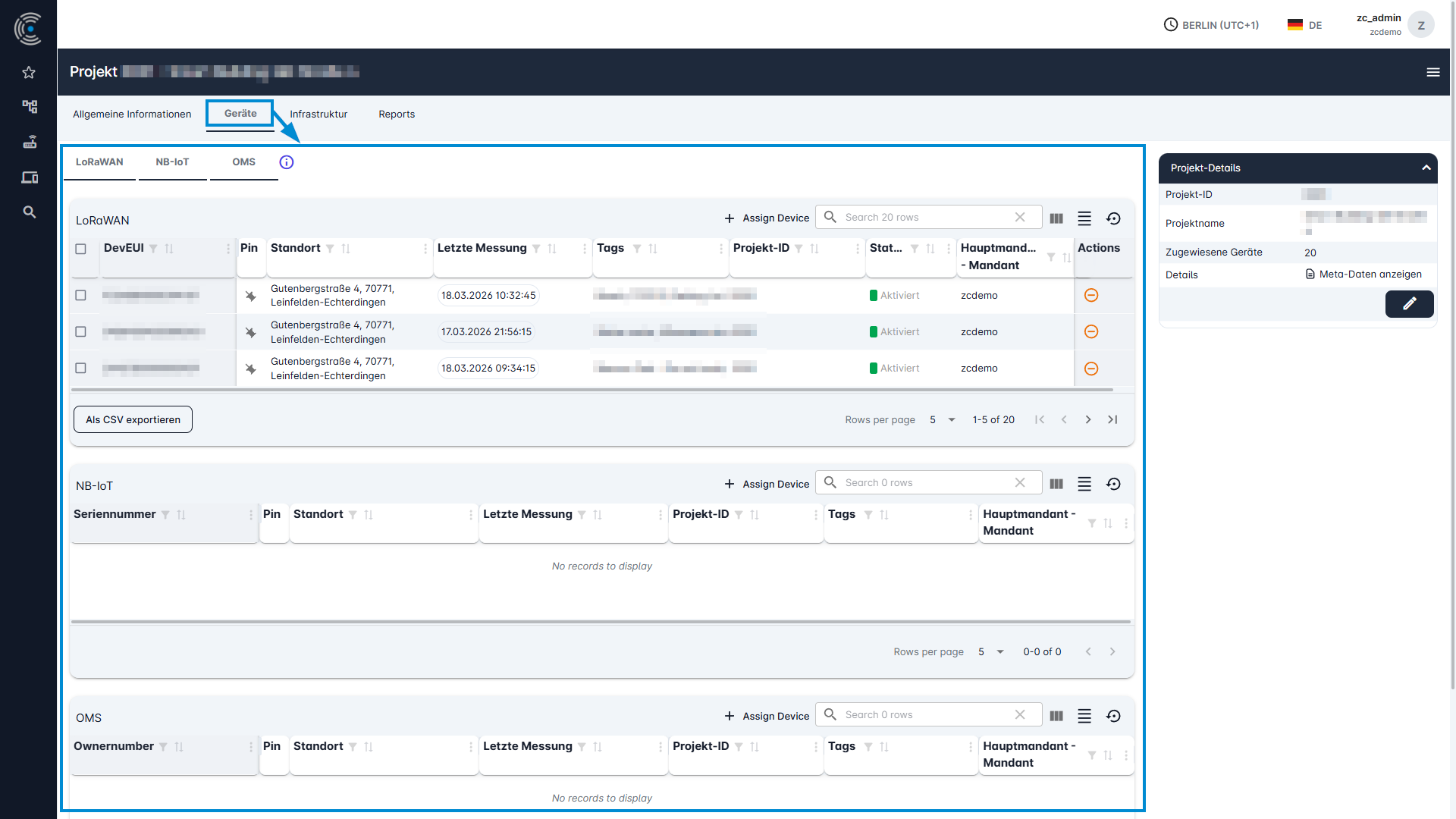 Datahub: Projekte – Geräte über Geräteseite zuweisen Schritt 3
