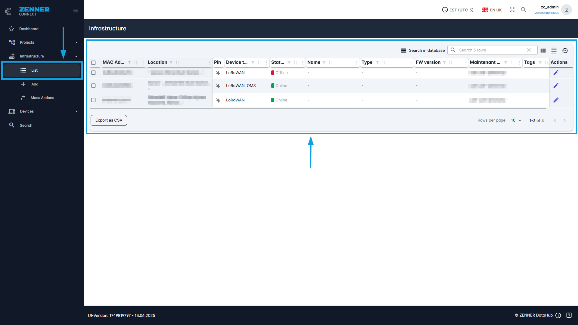 Datahub: Infrastructure List for Search and Filtering