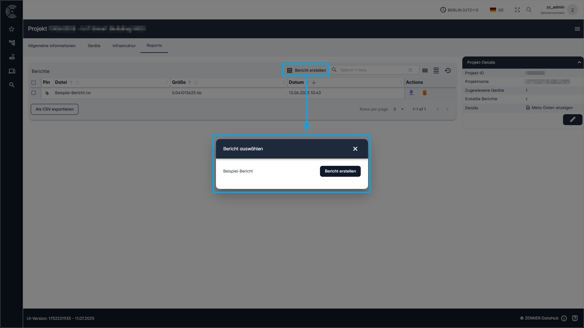 Datahub: Projekte - Berichte erstellen Schritt 2